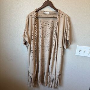 Tan Suede Fringe Open Cardigan